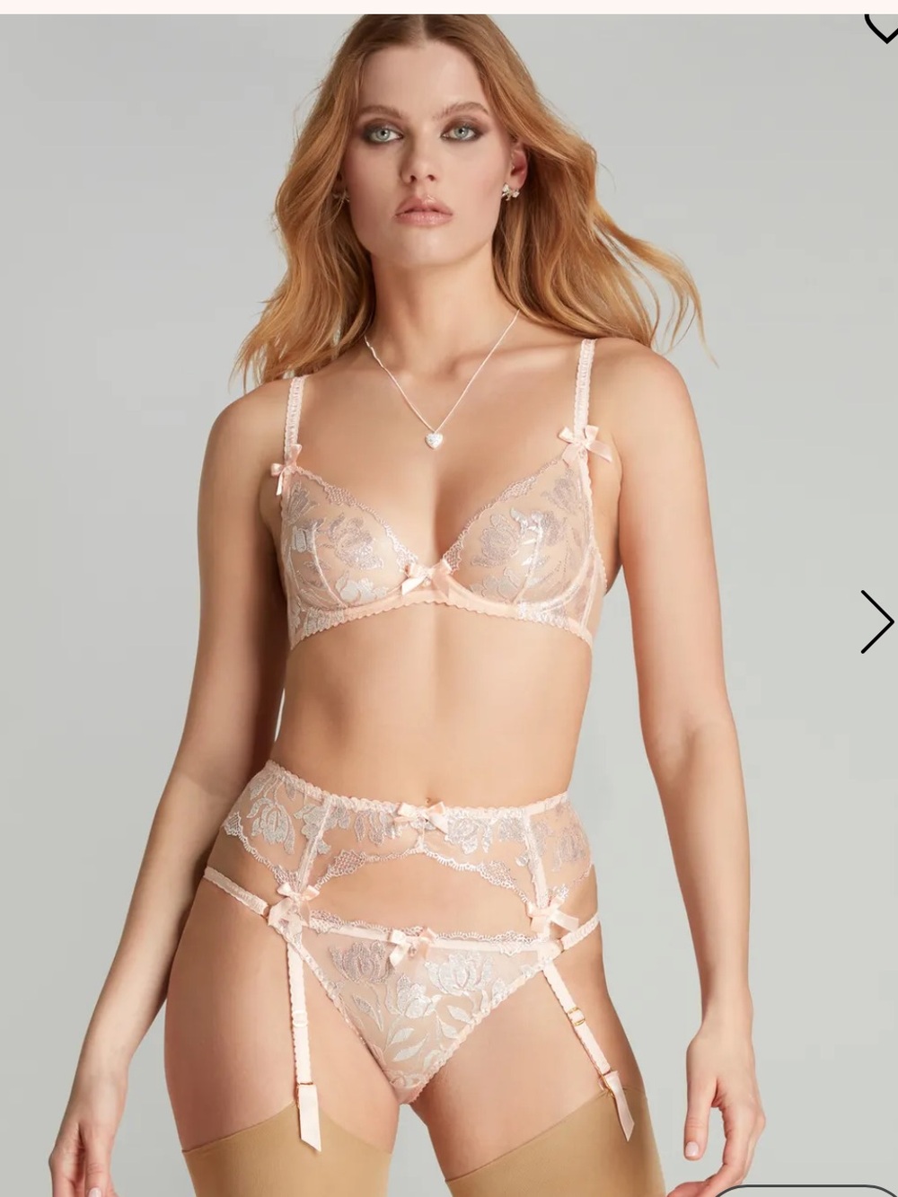 Agent Provocateur Peach and Silver Embroidered Lace Bra & Thong Set